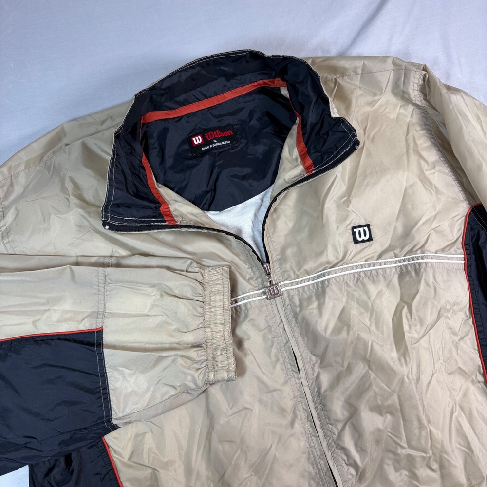 Wilson Windbreaker Jacket Mens XL Tan Black Colorblock Full Zip Y2K Sporty Coat